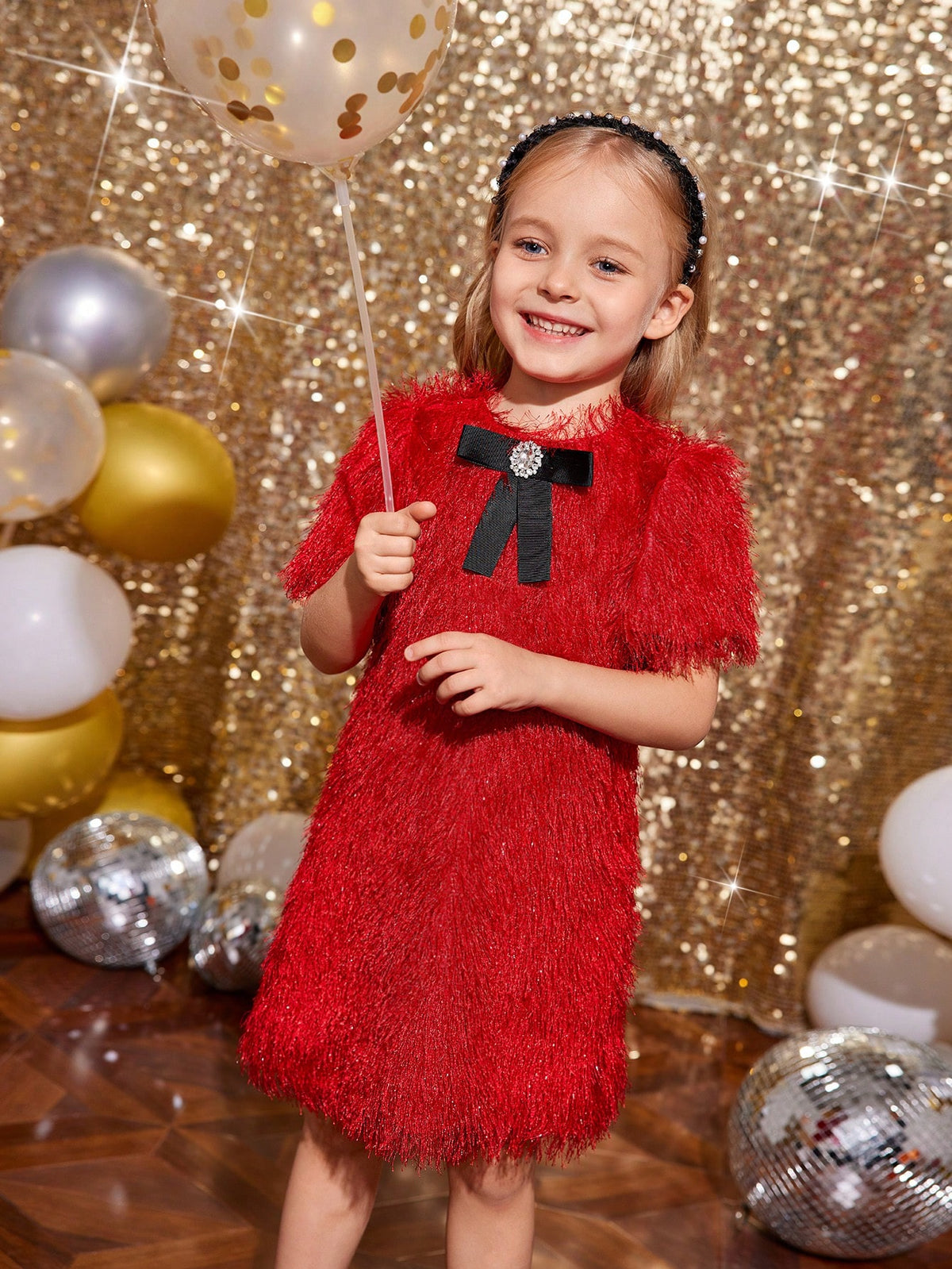 Young Girl Girls 1pc Puff Sleeve Fuzzy Dress , Color-Block Bow Details ,Fashionable Elegant Cute ,Birthday Wear
