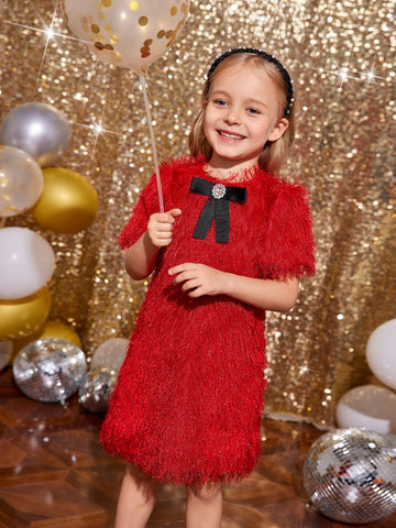Young Girl Girls 1pc Puff Sleeve Fuzzy Dress , Color-Block Bow Details ,Fashionable Elegant Cute ,Birthday Wear