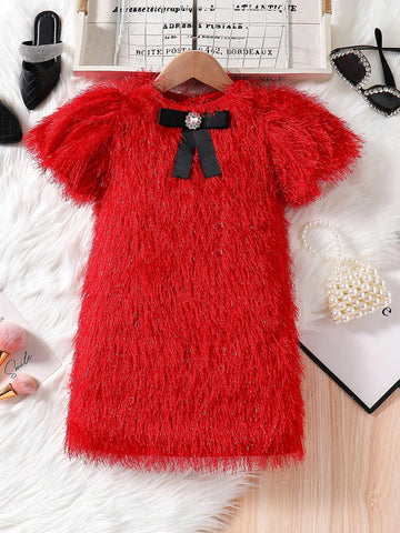 Young Girl Girls 1pc Puff Sleeve Fuzzy Dress , Color-Block Bow Details ,Fashionable Elegant Cute ,Birthday Wear