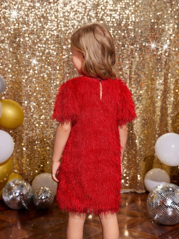 Young Girl Girls 1pc Puff Sleeve Fuzzy Dress , Color-Block Bow Details ,Fashionable Elegant Cute ,Birthday Wear