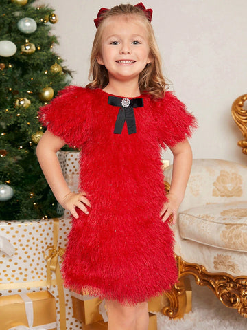 Young Girl Girls 1pc Puff Sleeve Fuzzy Dress , Color-Block Bow Details ,Fashionable Elegant Cute ,Birthday Wear