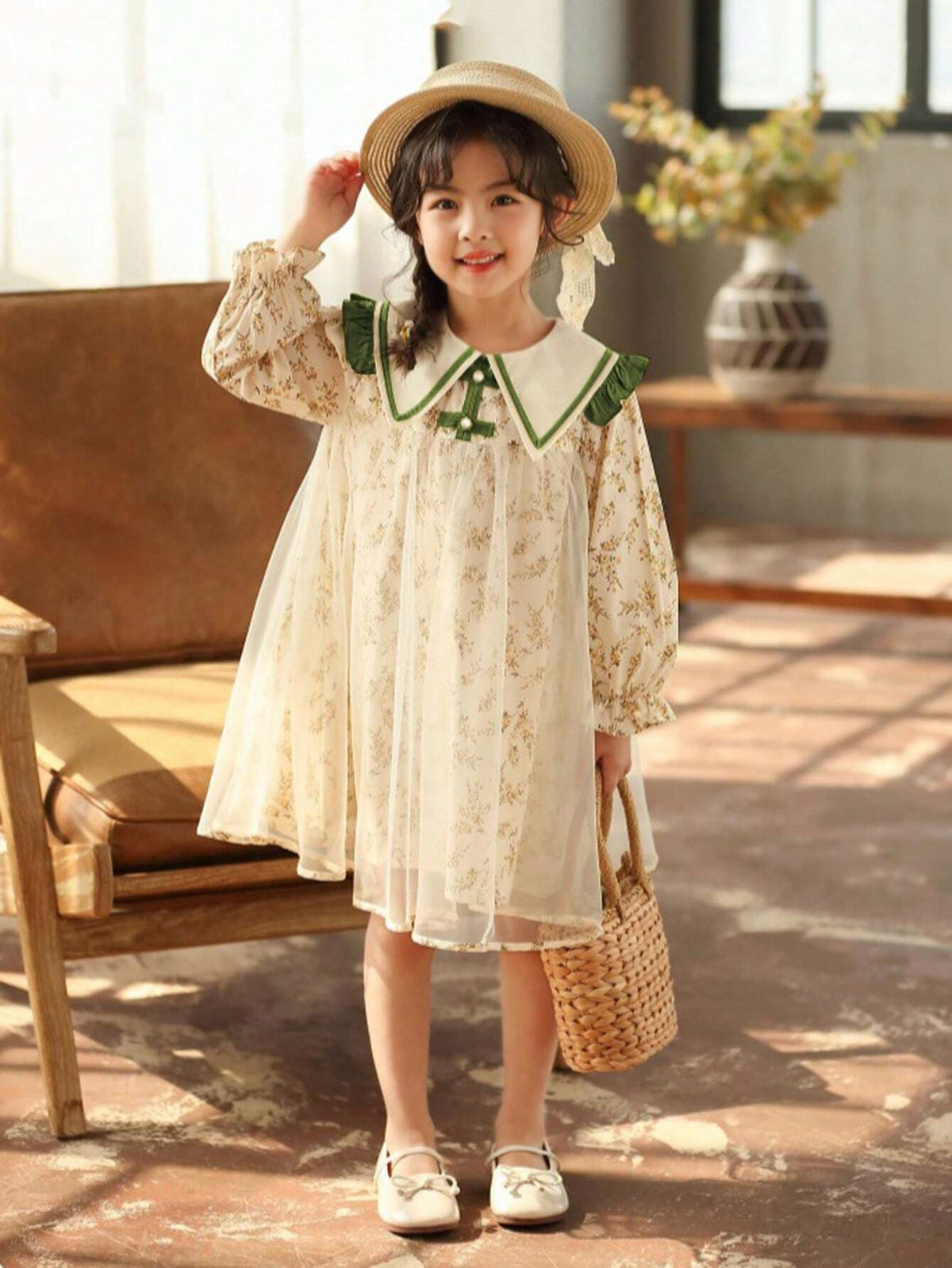 Young Girl Girls Autumn Floral Mesh Patchwork Mandarin Collar Princess Dress, Sweet & Cute