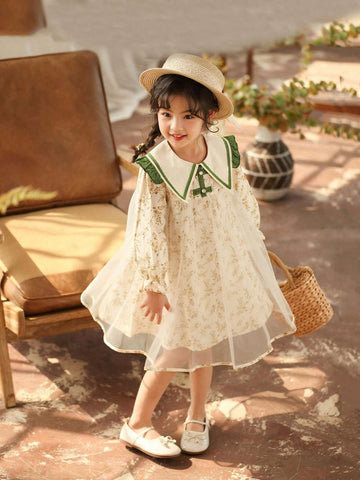Young Girl Girls Autumn Floral Mesh Patchwork Mandarin Collar Princess Dress, Sweet & Cute