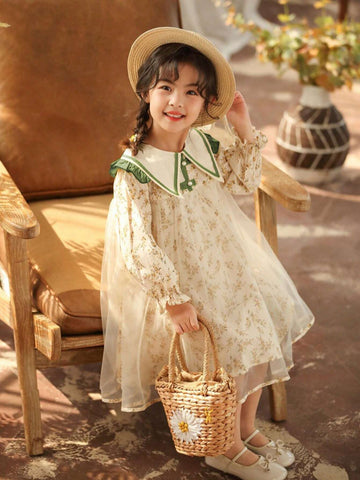 Young Girl Girls Autumn Floral Mesh Patchwork Mandarin Collar Princess Dress, Sweet & Cute