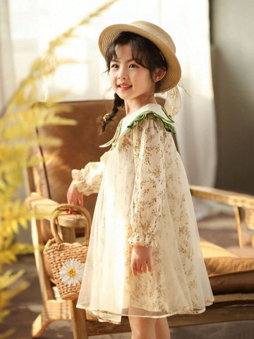 Young Girl Girls Autumn Floral Mesh Patchwork Mandarin Collar Princess Dress, Sweet & Cute