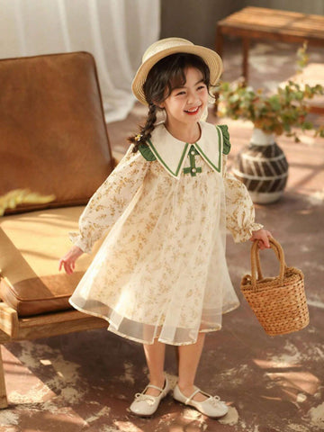 Young Girl Girls Autumn Floral Mesh Patchwork Mandarin Collar Princess Dress, Sweet & Cute