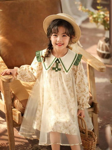 Young Girl Girls Autumn Floral Mesh Patchwork Mandarin Collar Princess Dress, Sweet & Cute