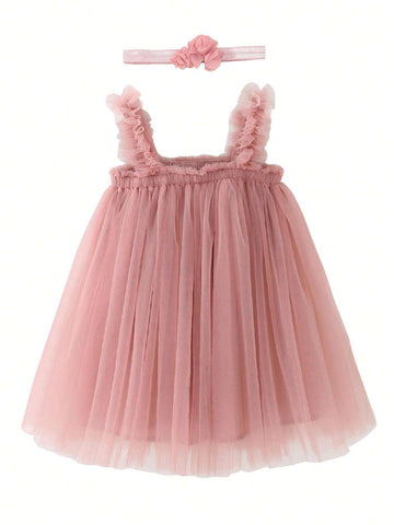 Young Girl Girls Solid Color Sleeveless Tulle Puff Princess Dress With Floral Headband