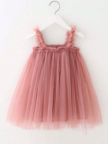 Young Girl Girls Solid Color Sleeveless Tulle Puff Princess Dress With Floral Headband