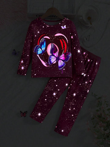 Young Girl Glow In The Dark Butterfly Pattern Pullover Sweatshirt Long Sleeve Comfortable Casual Loungewear, Suitable For Spring & Autumn