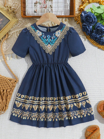Young Girl Gold Floral Print With Gold Trim Dress