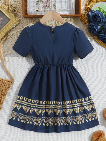 Young Girl Gold Floral Print With Gold Trim Dress