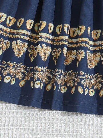 Young Girl Gold Floral Print With Gold Trim Dress