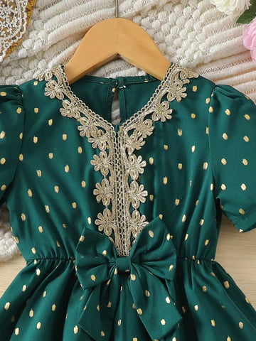 Young Girl Gold Floral Trim Metallic Fabric Dress
