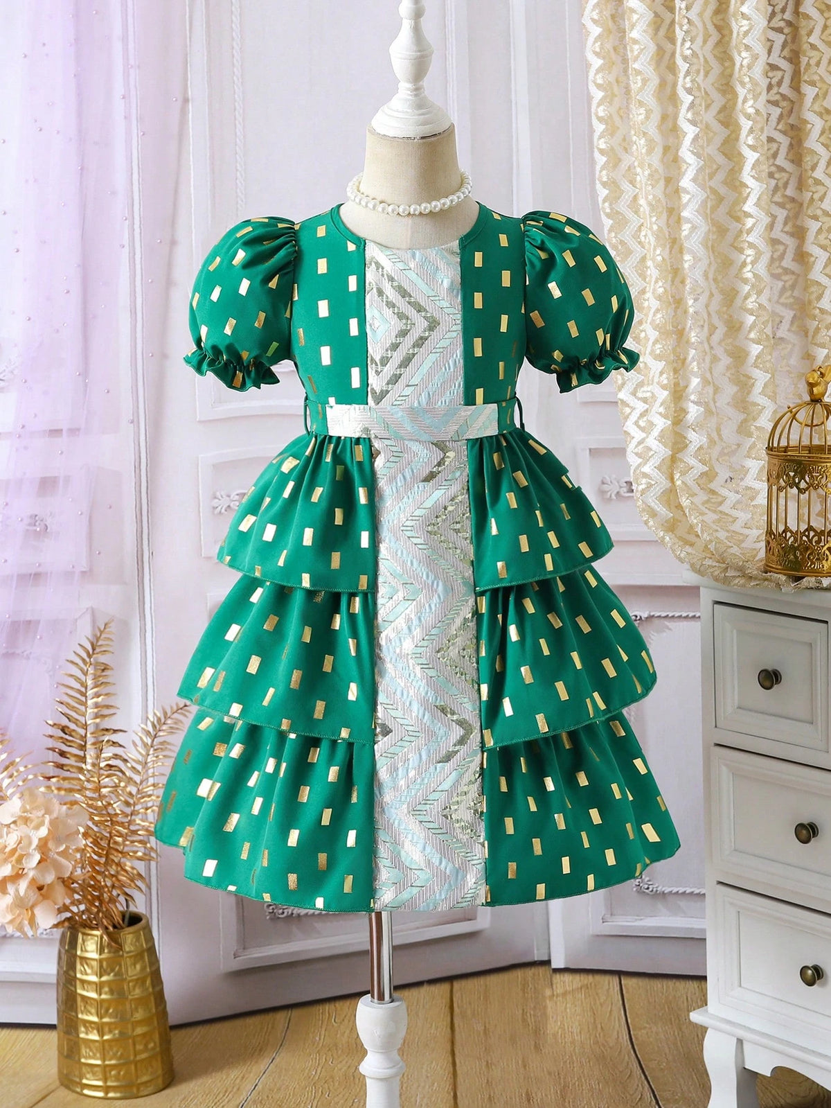 Young Girl Gold Foil Print Patchwork Puff Sleeve Dress