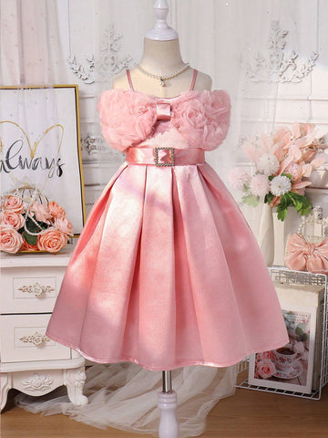 Young Girl Gorgeous 3D Floral Patched Satin Dress For Summer