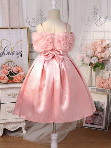 Young Girl Gorgeous 3D Floral Patched Satin Dress For Summer