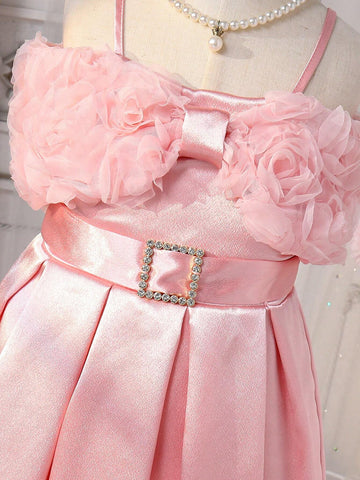 Young Girl Gorgeous 3D Floral Patched Satin Dress For Summer