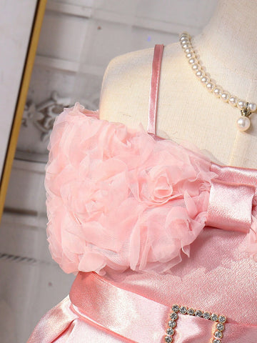 Young Girl Gorgeous 3D Floral Patched Satin Dress For Summer