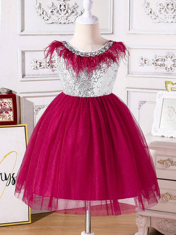 Young Girl Gorgeous Silver Fabric Patchwork Tulle And Feather Dress