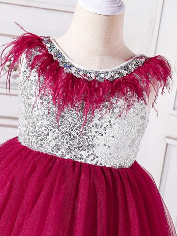 Young Girl Gorgeous Silver Fabric Patchwork Tulle And Feather Dress