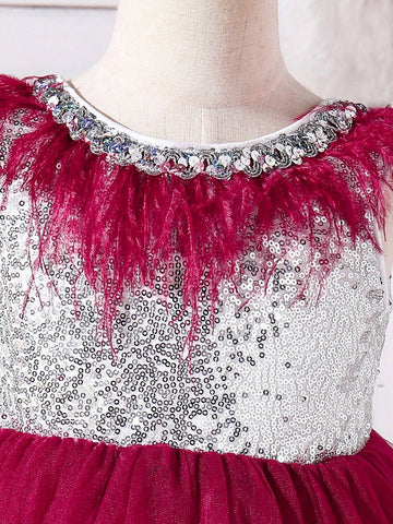 Young Girl Gorgeous Silver Fabric Patchwork Tulle And Feather Dress