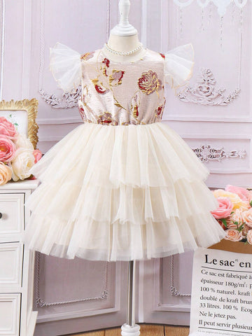 Young Girl Gorgeous Texture Floral Jacquard Cap Sleeve Mesh Tulle Dress
