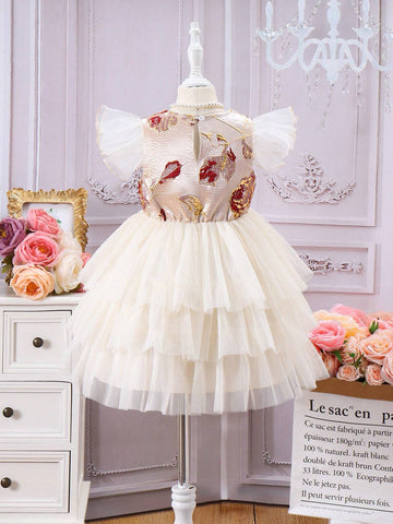 Young Girl Gorgeous Texture Floral Jacquard Cap Sleeve Mesh Tulle Dress