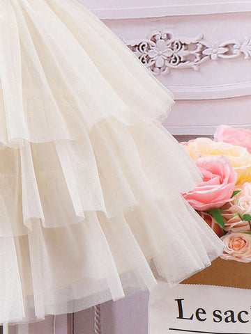 Young Girl Gorgeous Texture Floral Jacquard Cap Sleeve Mesh Tulle Dress