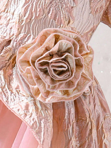 Young Girl Gorgeous Textured Fabric Dress, Featuring Pearl Decoration, 3D Floral & Mesh Patchwork