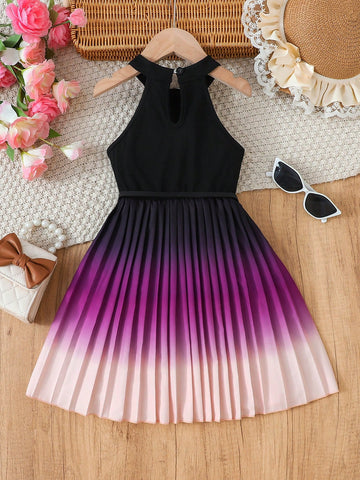 Young Girl Gradient Colorblock Pleated Hem Sleeveless Dress For Summer Dress For Young Girl Girl Elegant