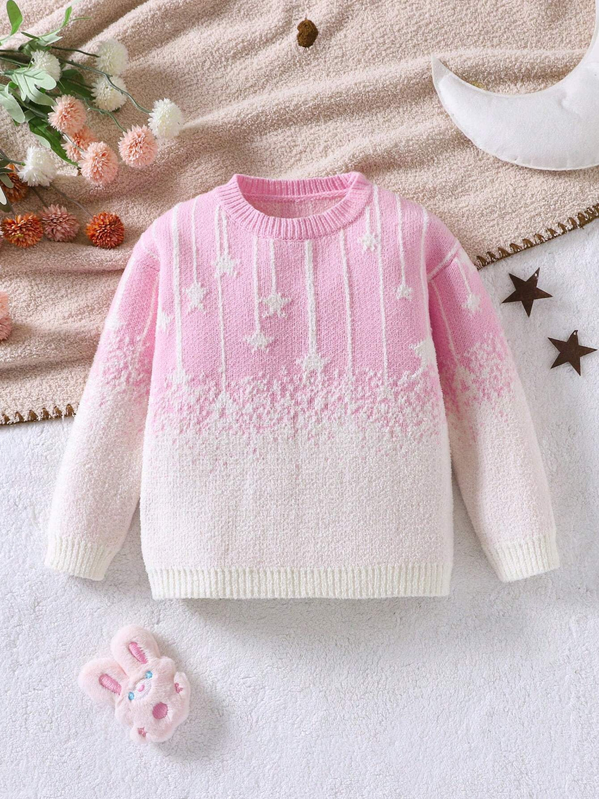 Young Girl Gradient Meteor Shower Pattern Jacquard Knit Sweater, Unique Design, Suitable For Autumn/Winter