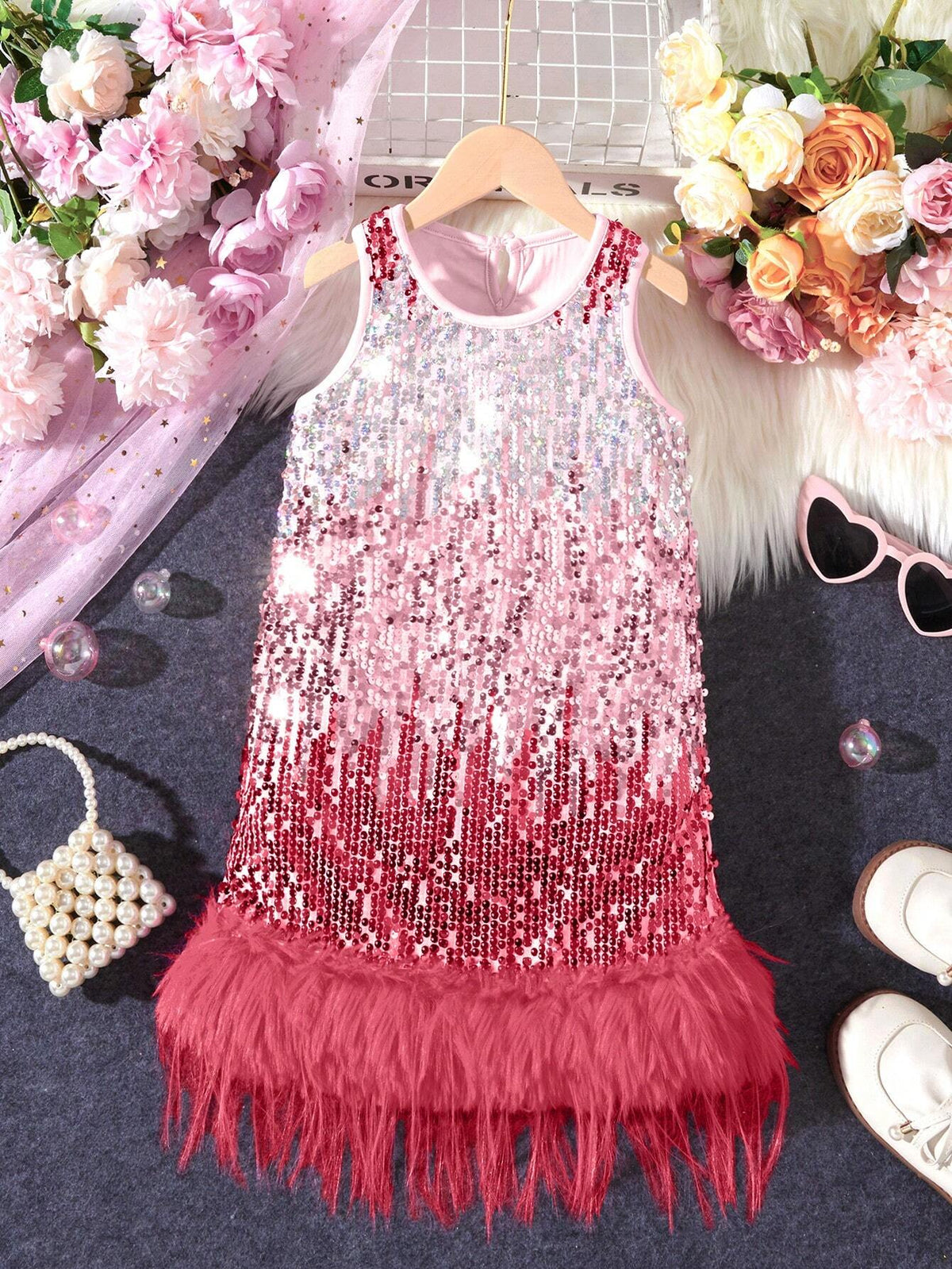 Young Girl Gradient Sequin Patchwork Round Neck Elegant Sleeveless Dress