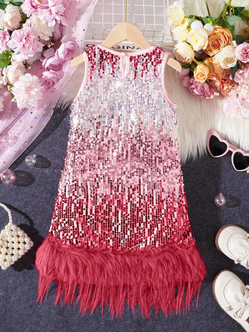 Young Girl Gradient Sequin Patchwork Round Neck Elegant Sleeveless Dress