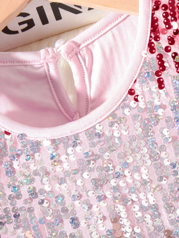 Young Girl Gradient Sequin Patchwork Round Neck Elegant Sleeveless Dress