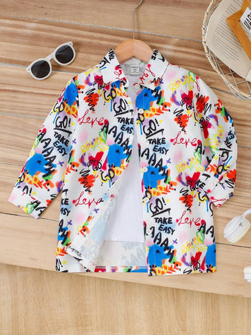 Young Girl Graffiti Print Shirt, Spring Autumn