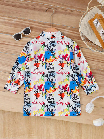 Young Girl Graffiti Print Shirt, Spring Autumn