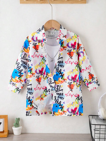 Young Girl Graffiti Print Shirt, Spring Autumn