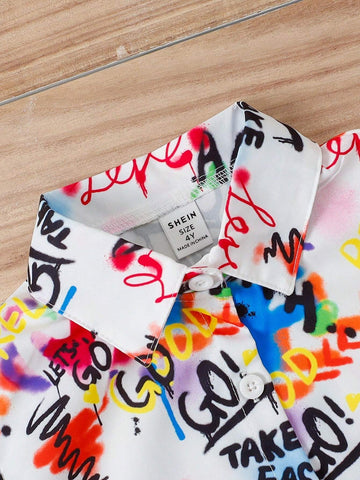 Young Girl Graffiti Print Shirt, Spring Autumn