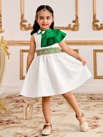 Young Girl Green Multi-Layer Ruffle Hem Elegant Dress, Suitable For Various Occasions