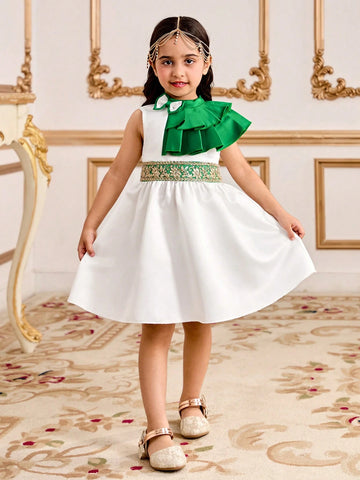 Young Girl Green Multi-Layer Ruffle Hem Elegant Dress, Suitable For Various Occasions