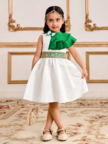 Young Girl Green Multi-Layer Ruffle Hem Elegant Dress, Suitable For Various Occasions