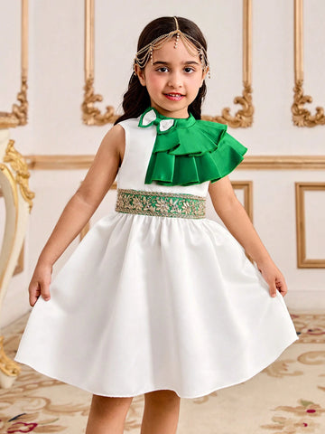 Young Girl Green Multi-Layer Ruffle Hem Elegant Dress, Suitable For Various Occasions