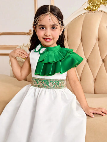 Young Girl Green Multi-Layer Ruffle Hem Elegant Dress, Suitable For Various Occasions