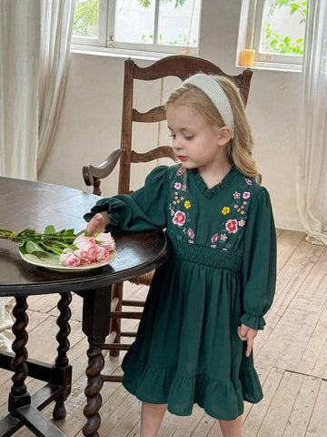 Young Girl Green Puff Sleeve Embroidery Print Chiffon Dress