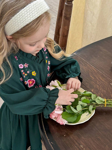 Young Girl Green Puff Sleeve Embroidery Print Chiffon Dress