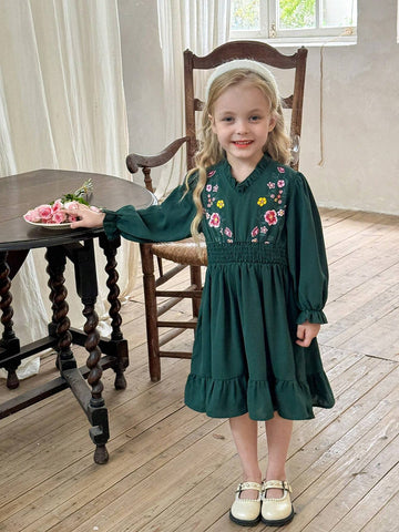 Young Girl Green Puff Sleeve Embroidery Print Chiffon Dress