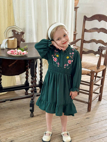 Young Girl Green Puff Sleeve Embroidery Print Chiffon Dress
