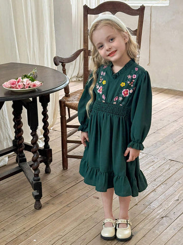 Young Girl Green Puff Sleeve Embroidery Print Chiffon Dress