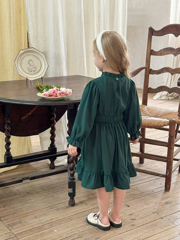Young Girl Green Puff Sleeve Embroidery Print Chiffon Dress